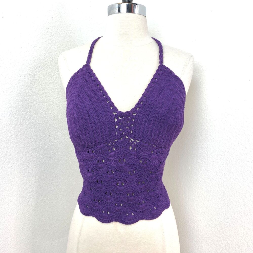 Purple Hand Crochet Halter Top Large Scalloped Backless Fairy Goth Boho Festival